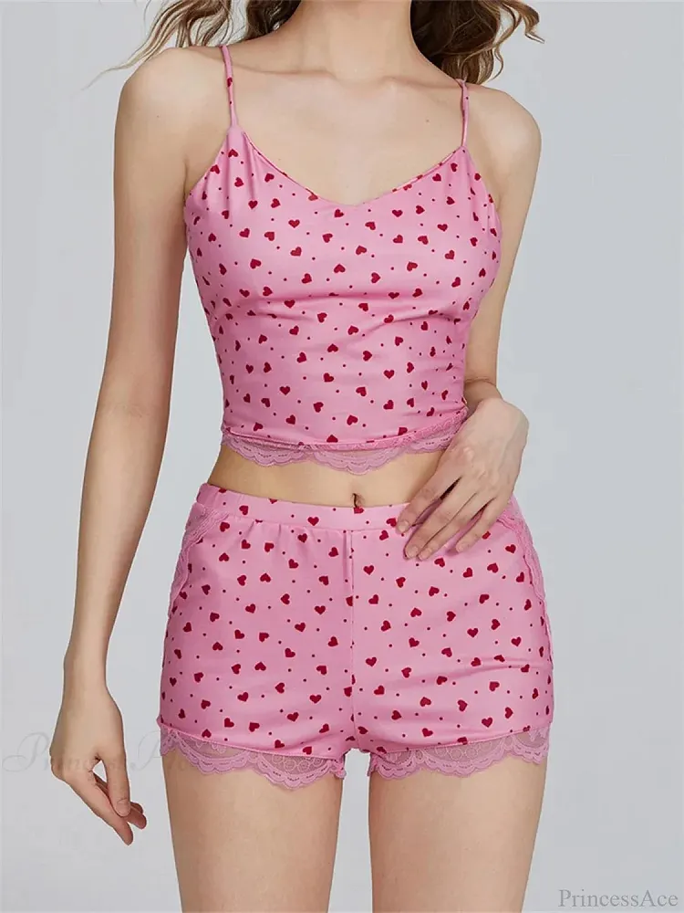 Lace Patchwork Heart Print Camis Crop Top with Casual Shorts Pajama Set