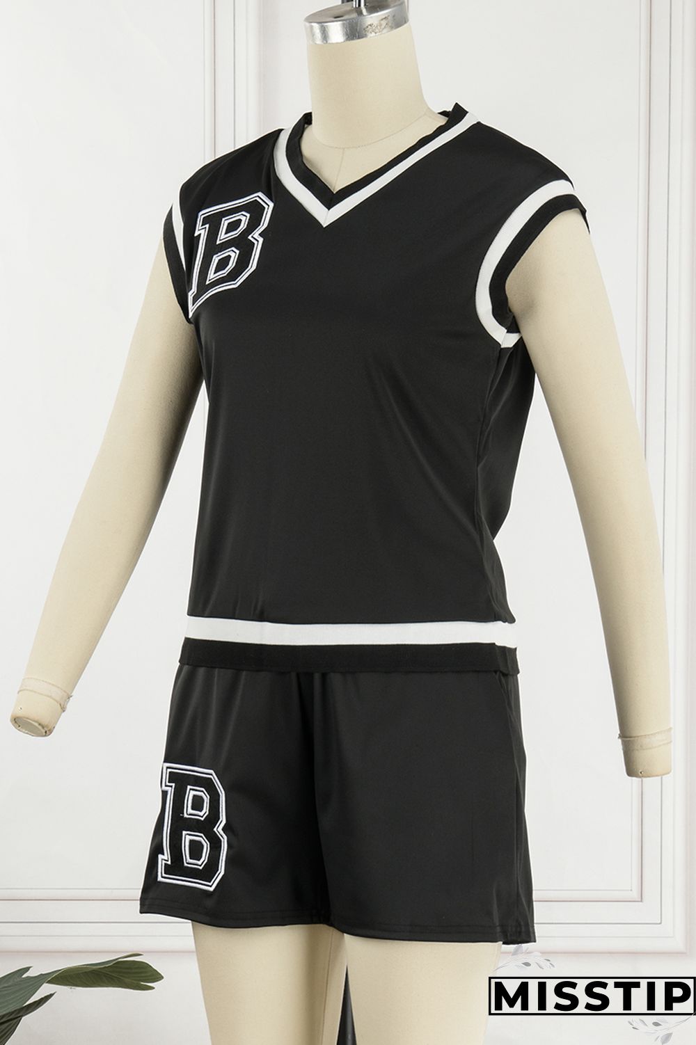 Black Casual Letter Print Patchwork V Neck Short Sleeve Two Pieces