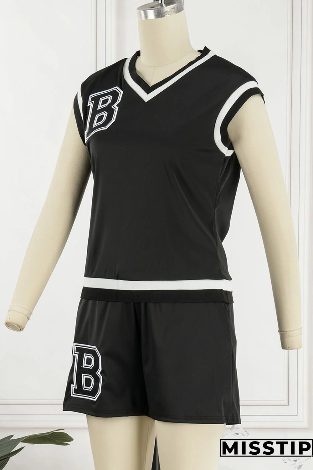 Black Casual Letter Print Patchwork V Neck Short Sleeve Two Pieces