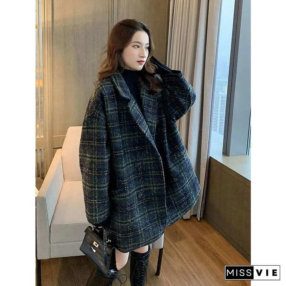 Plaid Button Loose Winter Coat