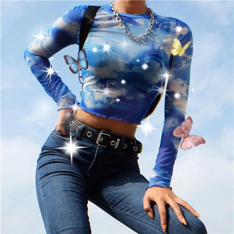 Women Ladies Summer Long Sleeve T-Shirt New Fashion Sexy Mesh Short Crop Top Blouse Tops Casual Slim Fit Blue Pullover Tees