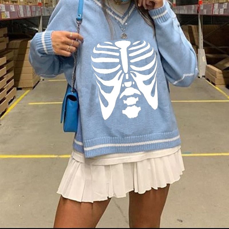 New Autumn Sweaters E-Girls Women Knit Sweater Adults Color Block Skeleton Printed Long Sleeve V-Neck Pullovers Hot Sale