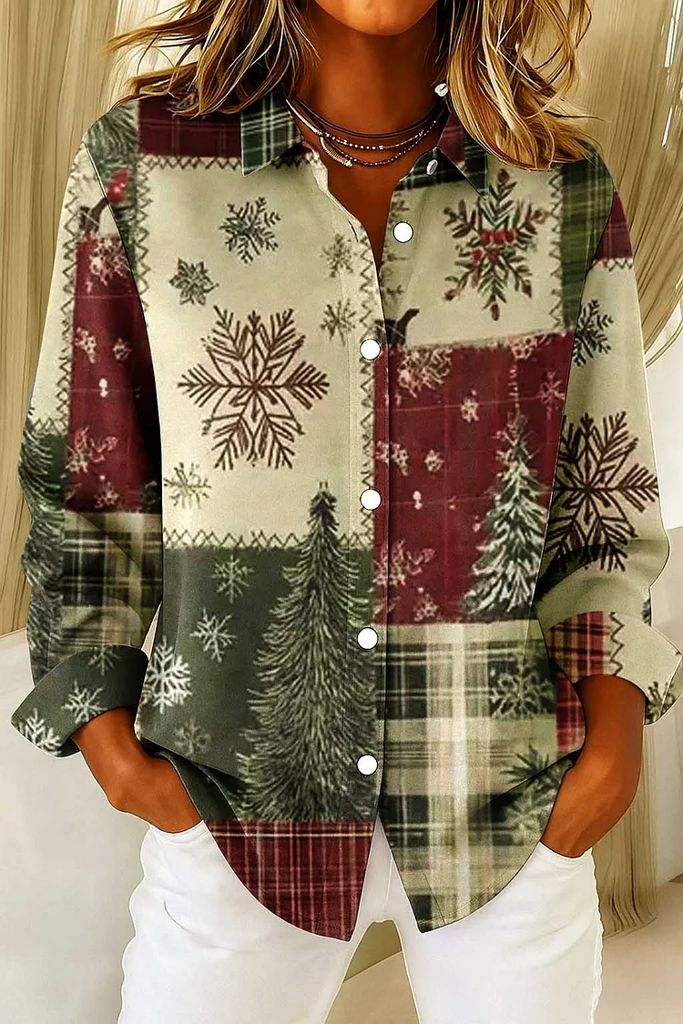 Women's  Christmas Vintage Splicing Grid  Pattern Print Casual Cotton Shirt