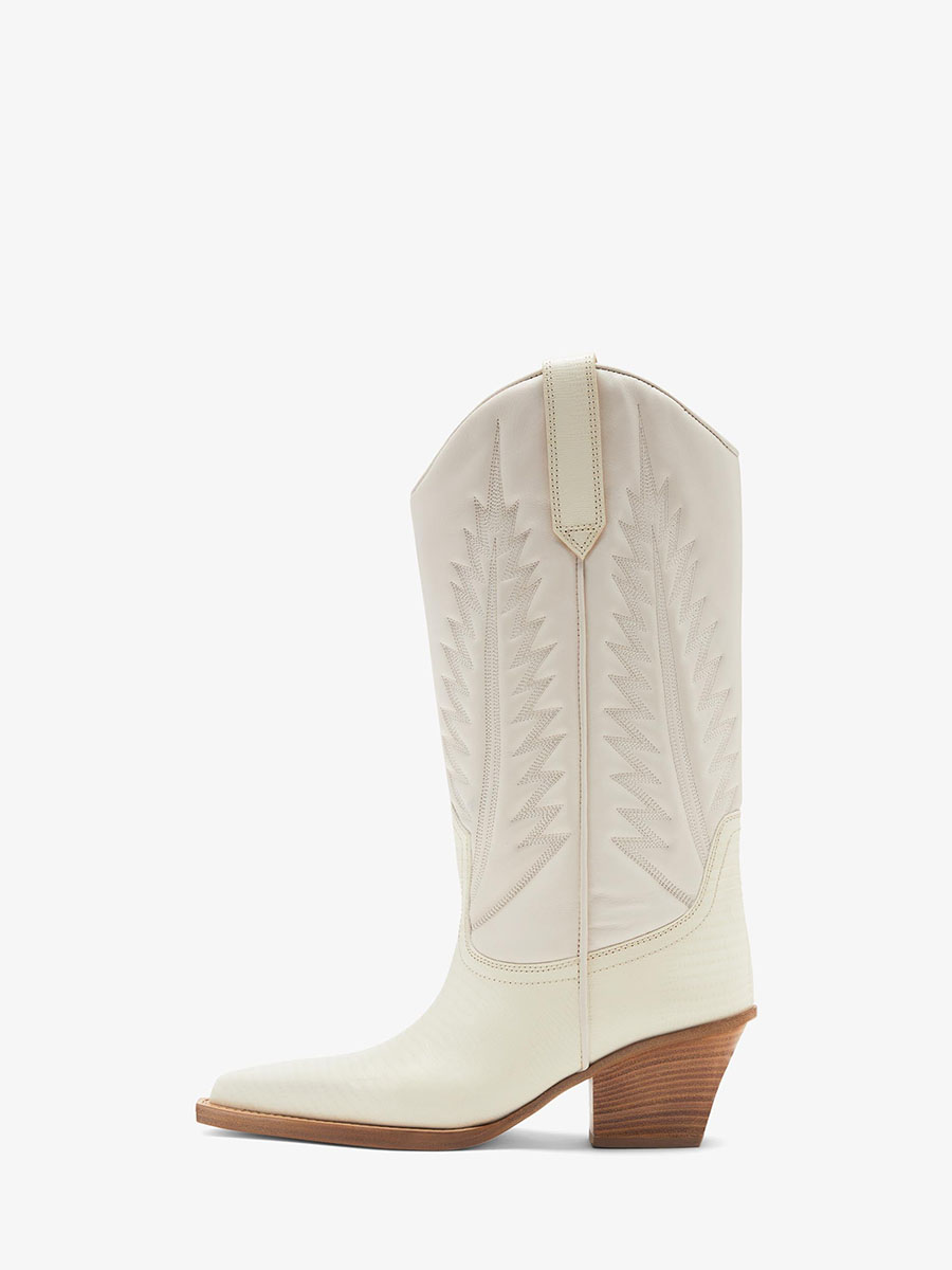 Ivory Vegan Leather Embroidered Partial Zipped Cowgirl Boots With Chunky Heel