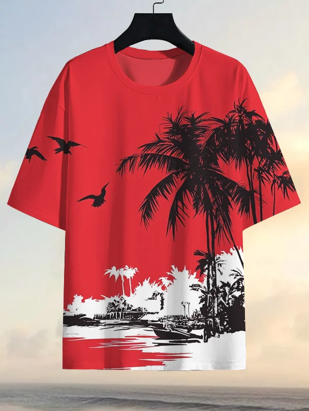 Men's Hawaii Tropical Trees Seaside Scenery Vacation Art Print Casual T-Shirt