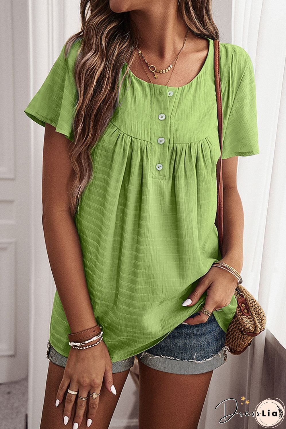 Quarter-Button Round Neck Short Sleeve Top