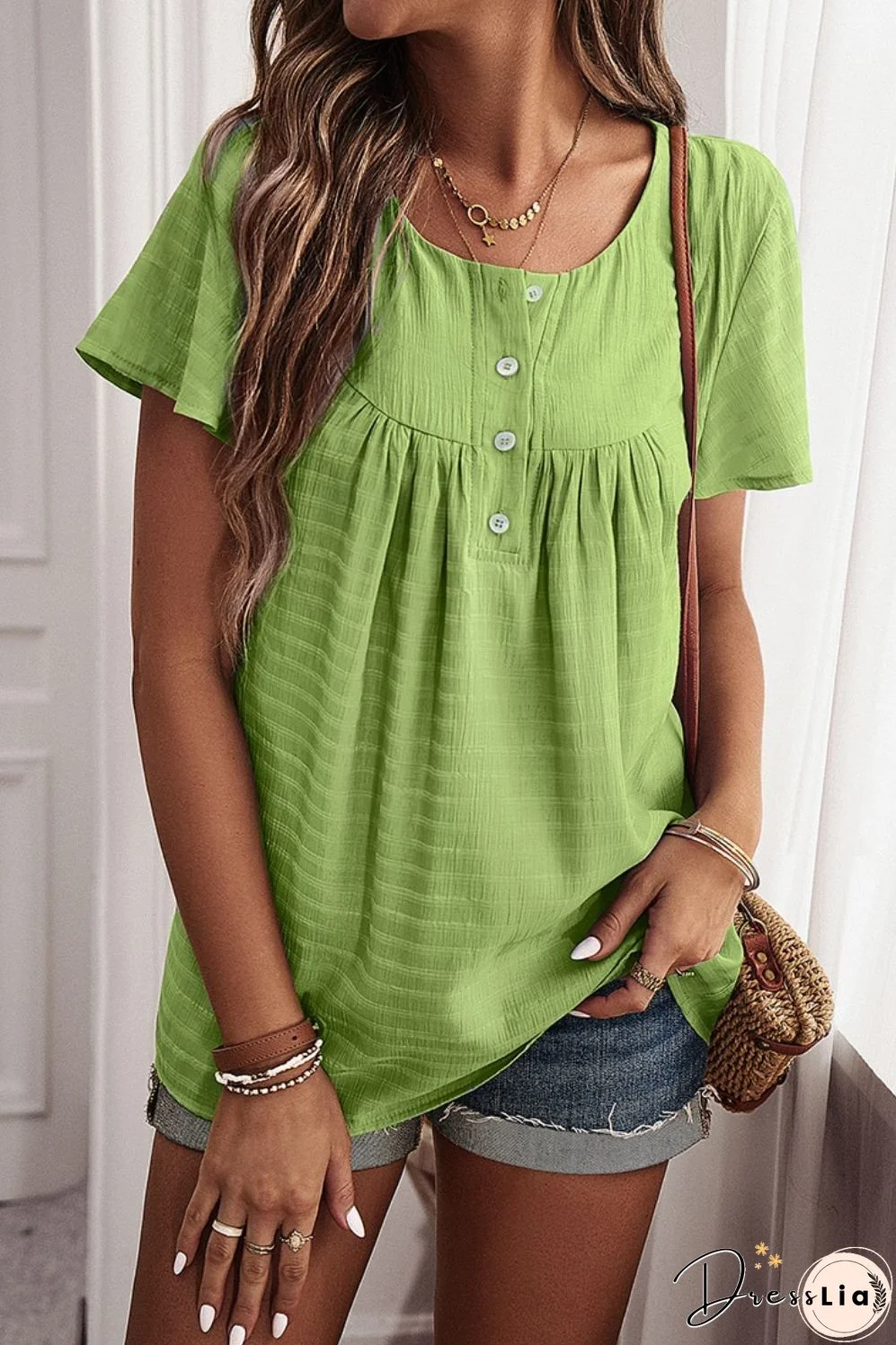 Quarter-Button Round Neck Short Sleeve Top