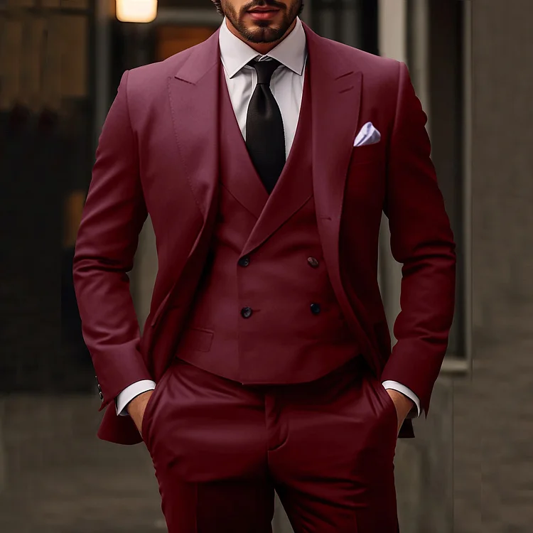 Men's Business Solid Peak Lapel Blazer & Double Breasted Vest & Pants 3Pcs Set
