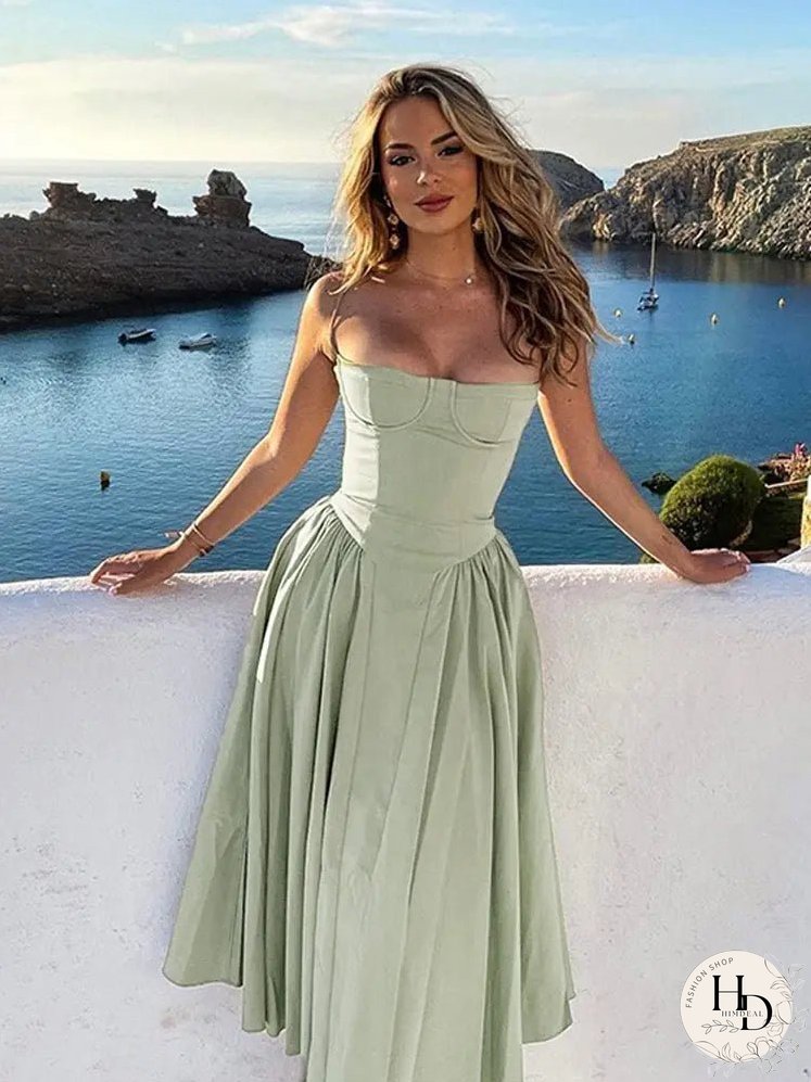 Elegant Solid Sling Long Pleated Dress Chic Sleeveless Backless A-Line Summer Party Club