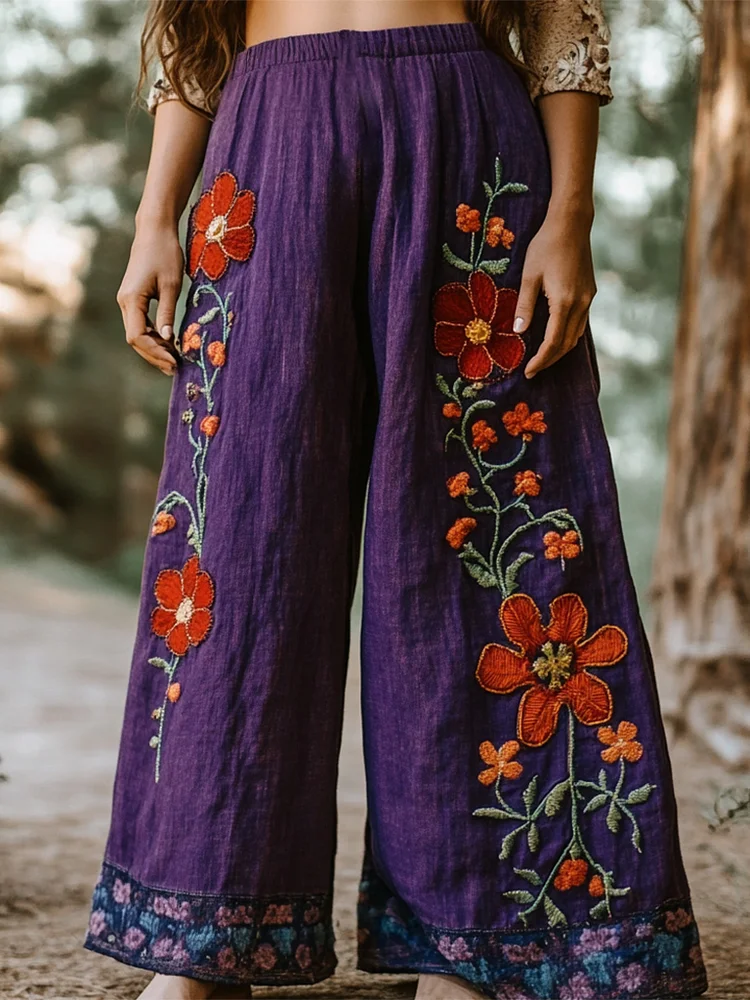 Utbros Bohemian Holiday Style Linen Bohemian Floral Print Linen Long Loose Wide-leg Pants