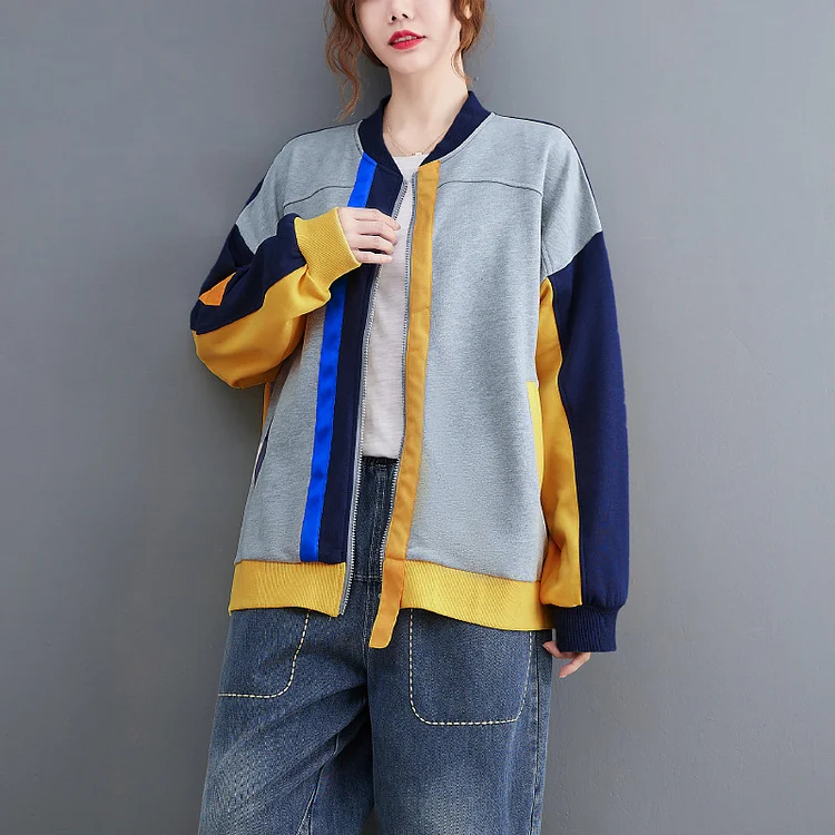 Casual Color Blocking Round Neck Long Sleeve Baseball Jacket