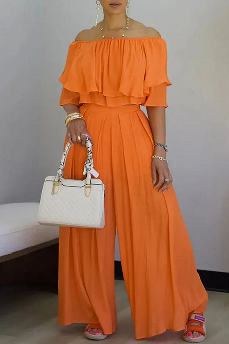 Plus Size Vacation Orange Casual Off The Shoulder Short Sleeve Ruffle Pleated Two Piece Pant Sets 2024 - Xpluswear