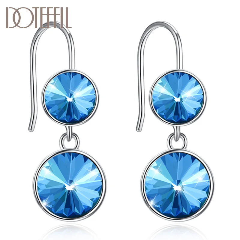 DOTEFFIL 925 Sterling Silver Charm Blue Double Crystal Earrings Women Jewelry 