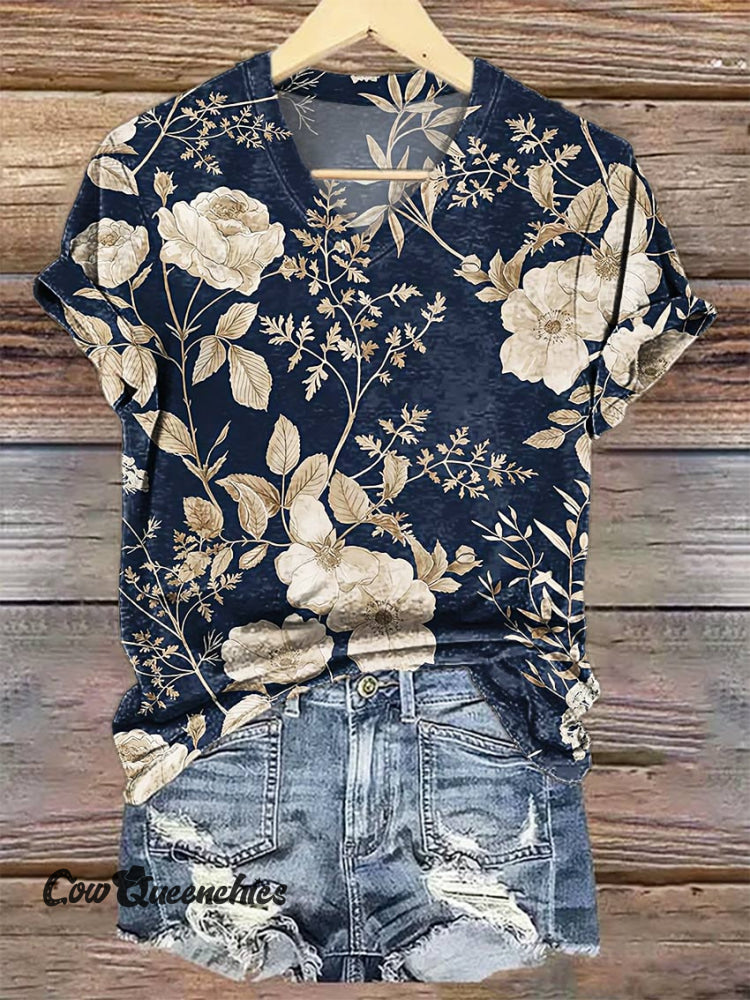 Women&rsquo;s Flower Ethnic V-neck Casual T-Shirt Multicolor / S