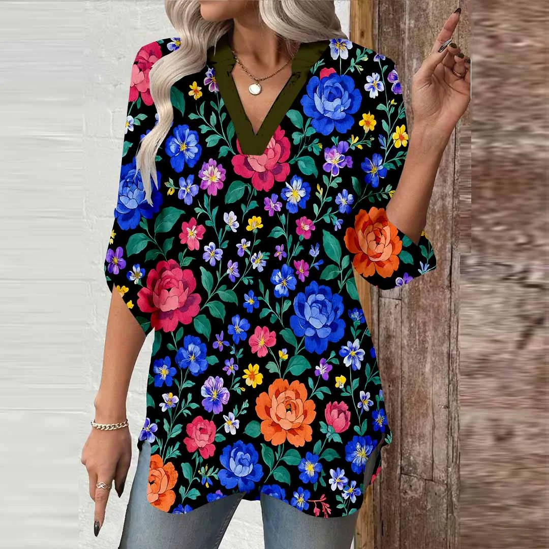 Women Floral, Purple, Red DZGA0348 3/4 Sleeve V-neck Printed Graphic Button Tops