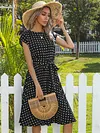 Mid-length Short-sleeved Lace-up Polka Dot Pleated Dress