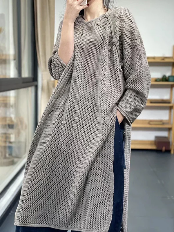 Long Sleeves Loose Asymmetric Hollow Split-side Round-neck Sweater Tops