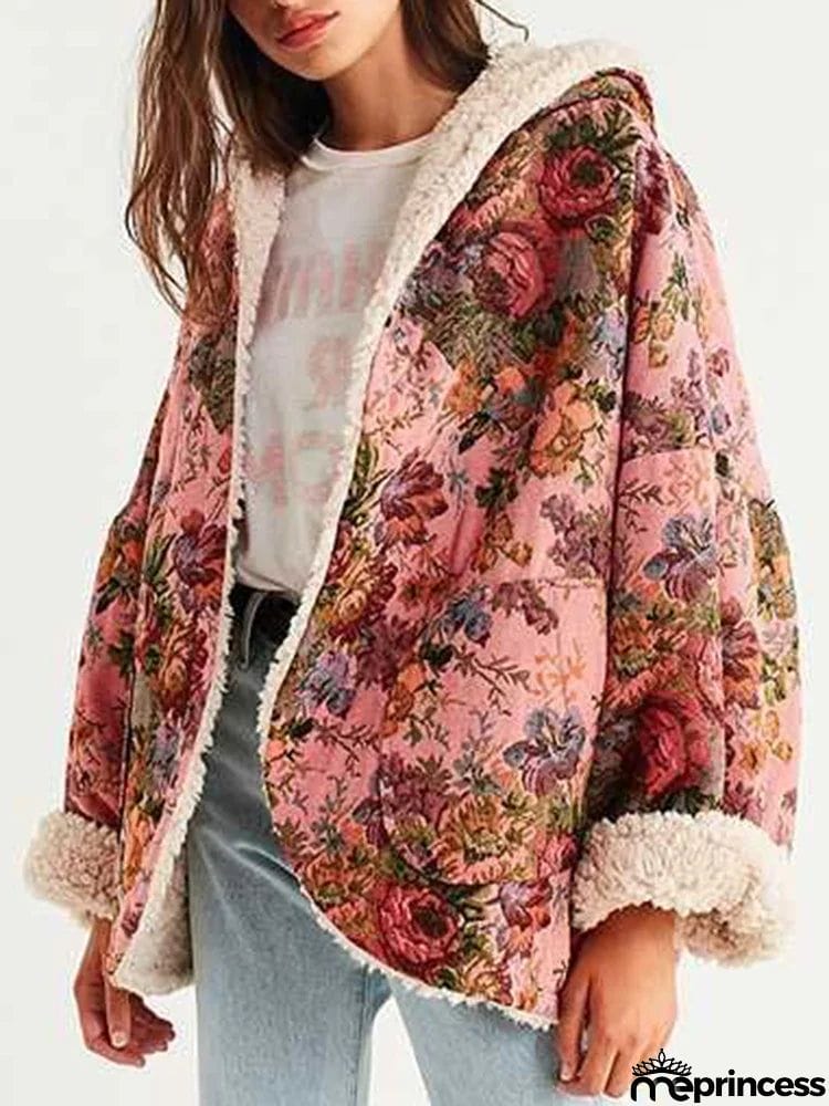 Leisure Batwing Long Sleeves Floral Printed Cardigan Hooded Coats