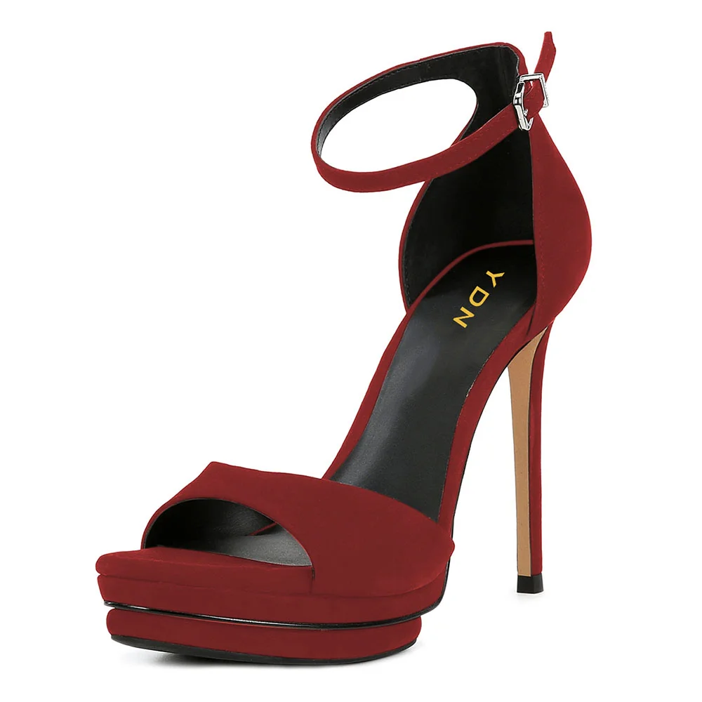 Red Vegan Suede Open Toe Ankle Strap Platform Women's Heel Sandals