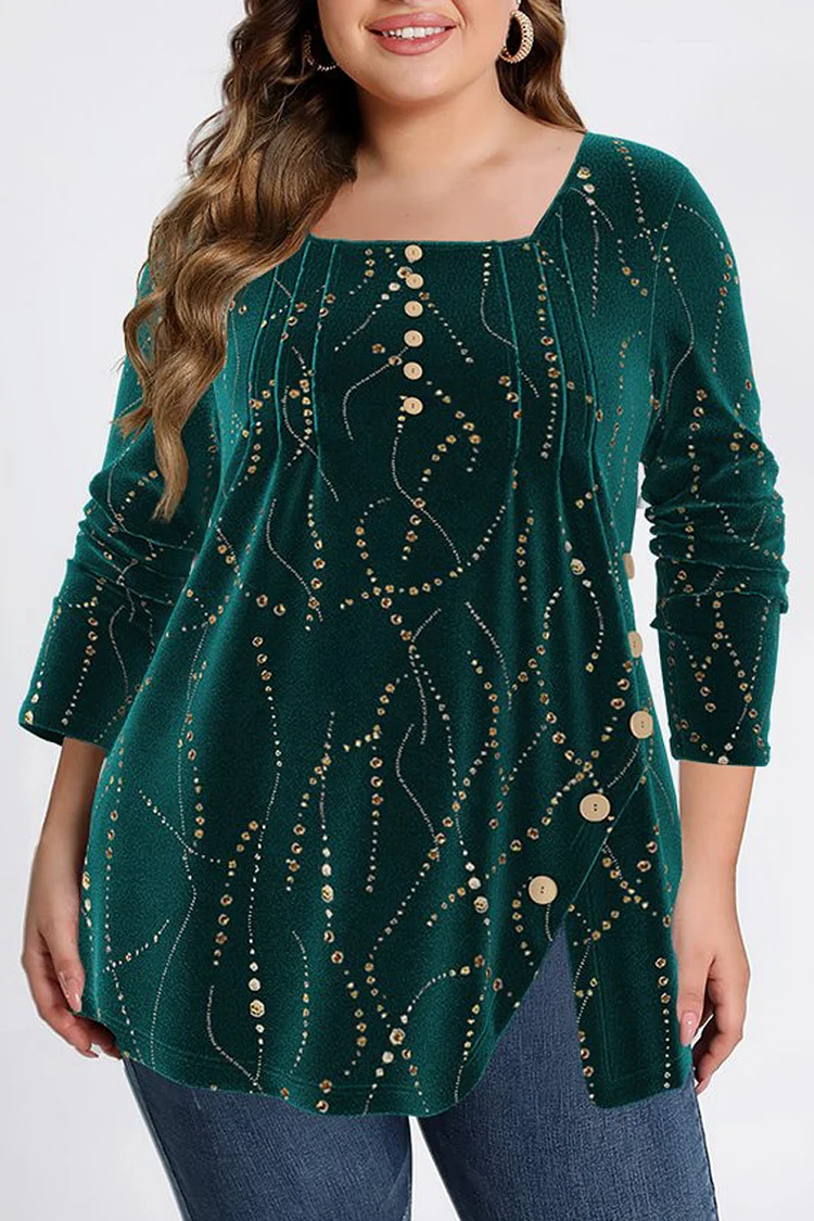 Flycurvy Plus Size Casual Dark Green Velvet Wooden Buttons Asymmetrical Hem Blouses  Flycurvy [product_label]