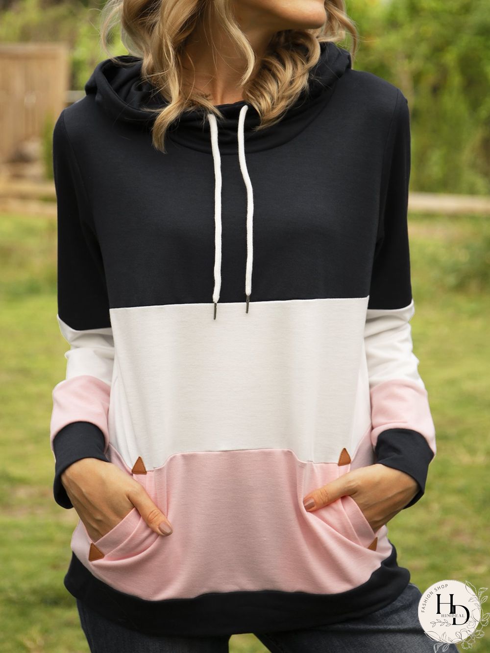 Multicolor Solid Paneled Hoodie Long Sleeve Sweatshirts