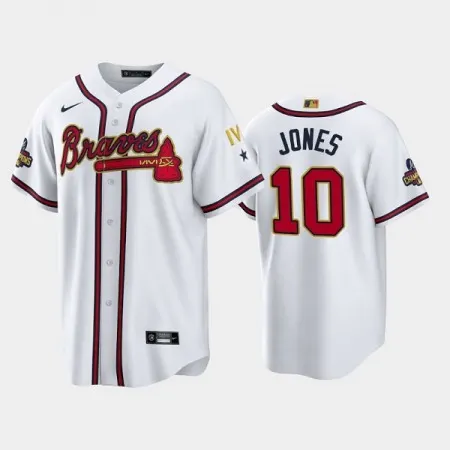 Men's Atlanta Braves #10 Chipper Jones 2022 White/Gold World Series Champions Program Cool Base Stitched Baseball Jersey 99TM