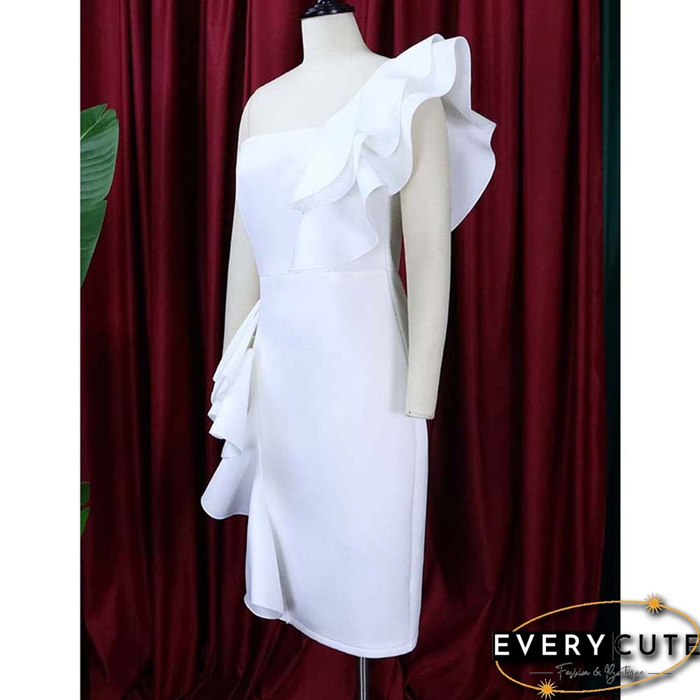 White Solid One Shoulder Bodycon Dress with Ruffles