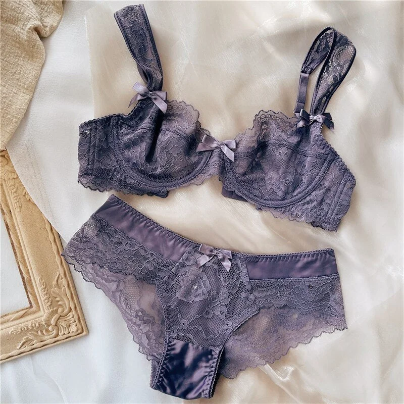 Wriufred Retro bra panty set ultra-thin lace transparent hollow steel ring anti-sagging lingerie large size underwear set summer