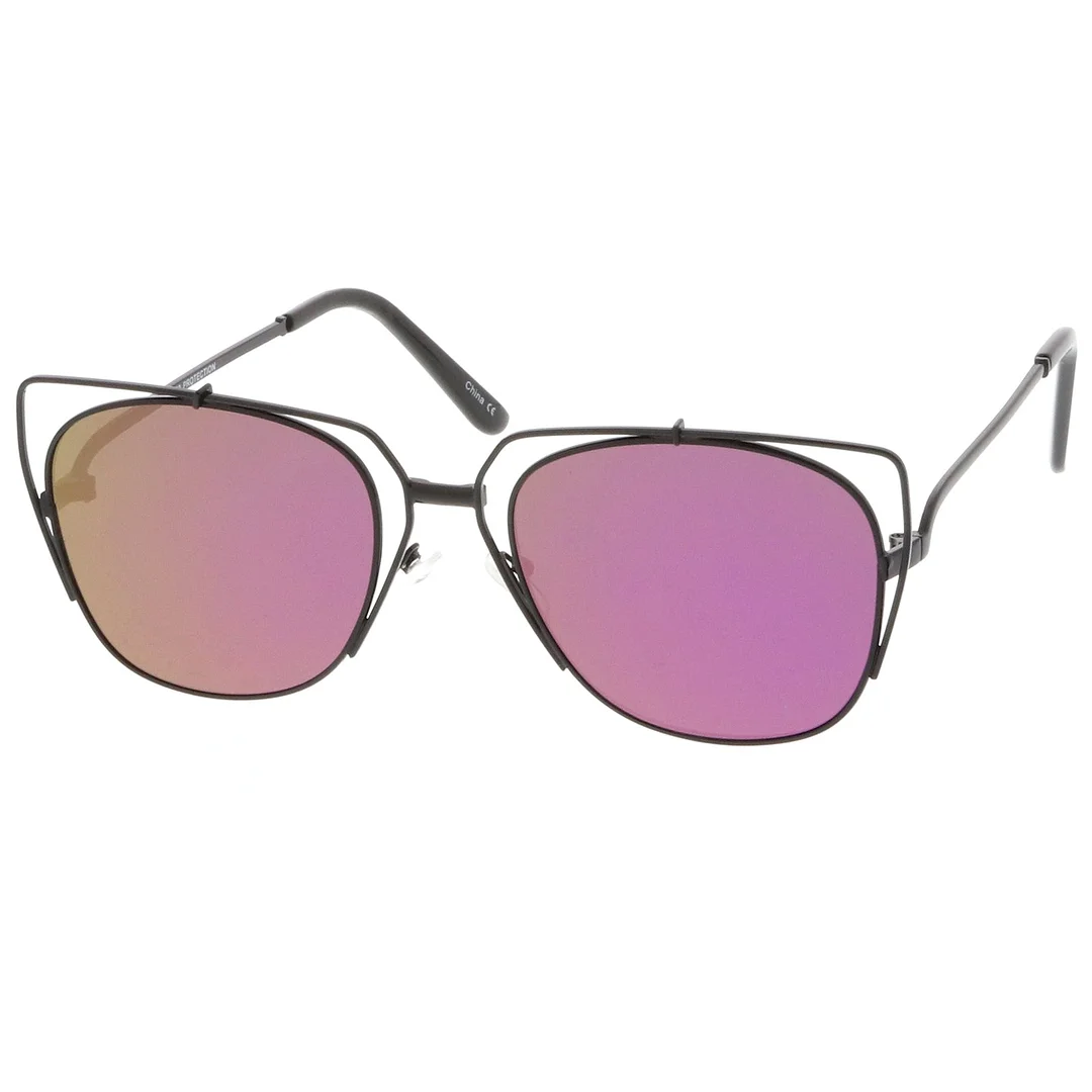 Women's Open Metal Cat Eye glasses With Mirrored Flat Lens And Slim Arms 55mm