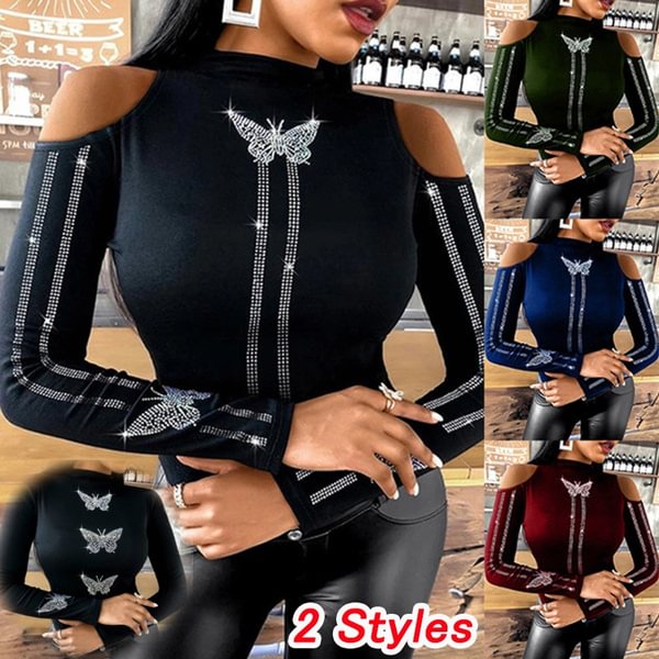 Womens Blouse Femme Cold Shoulder Butterfly Slim Pattern Studded Long Sleeve Tops - BlackFridayBuys