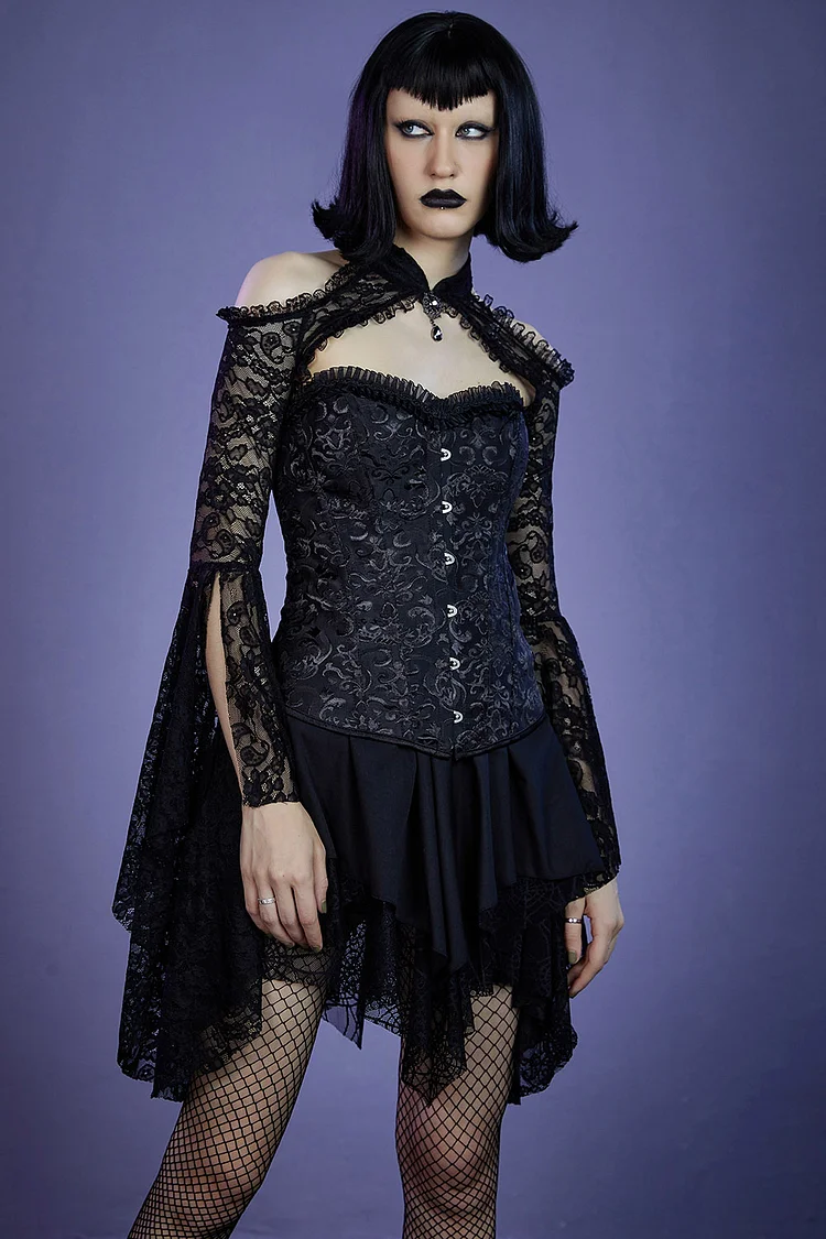Gothic Black Party Lace Cold Shoulder Stand-up Collar Flare Sleeve Crop Top