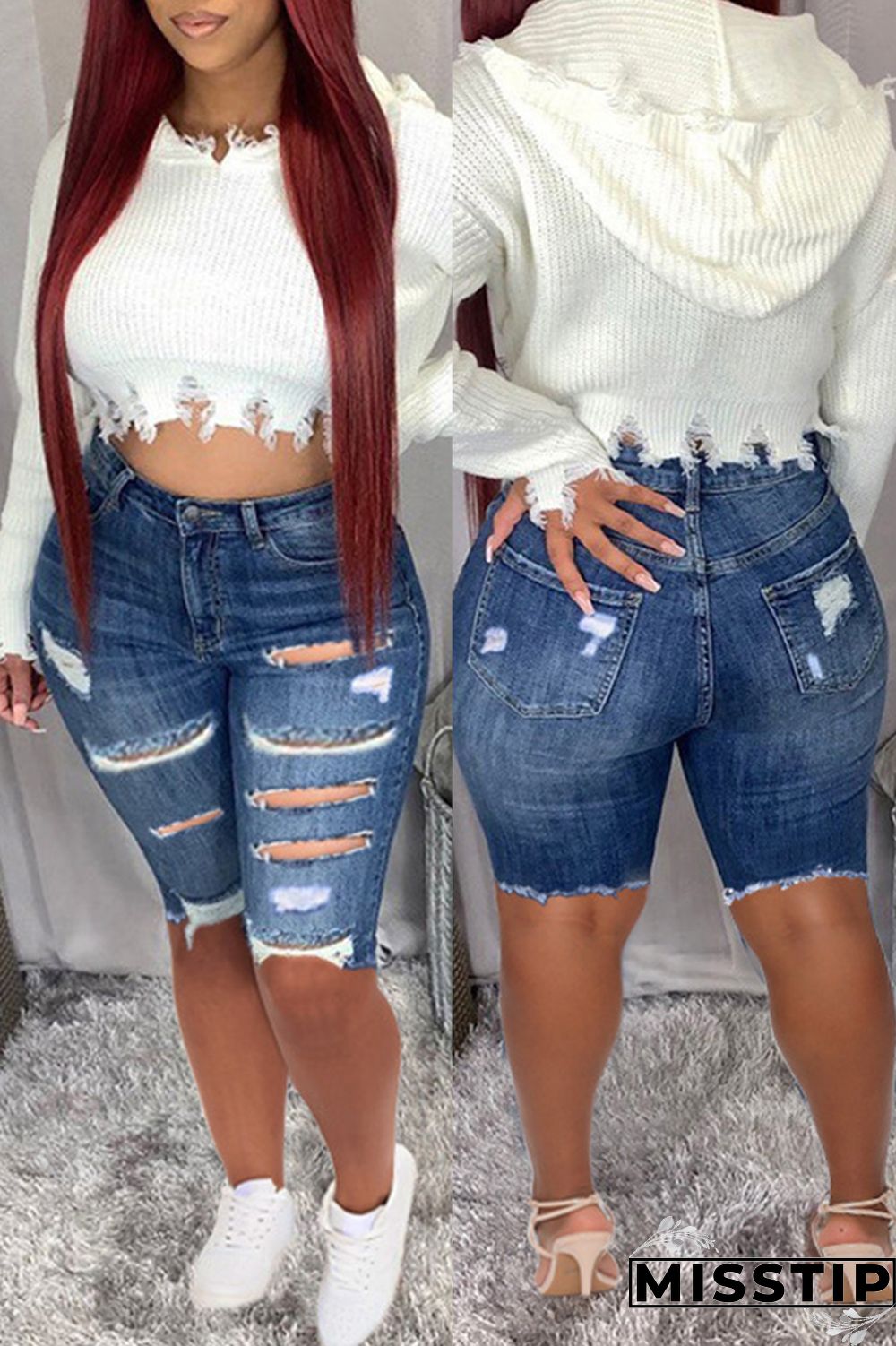 Dark Blue Fashion Casual Solid Ripped High Waist Regular Jeans