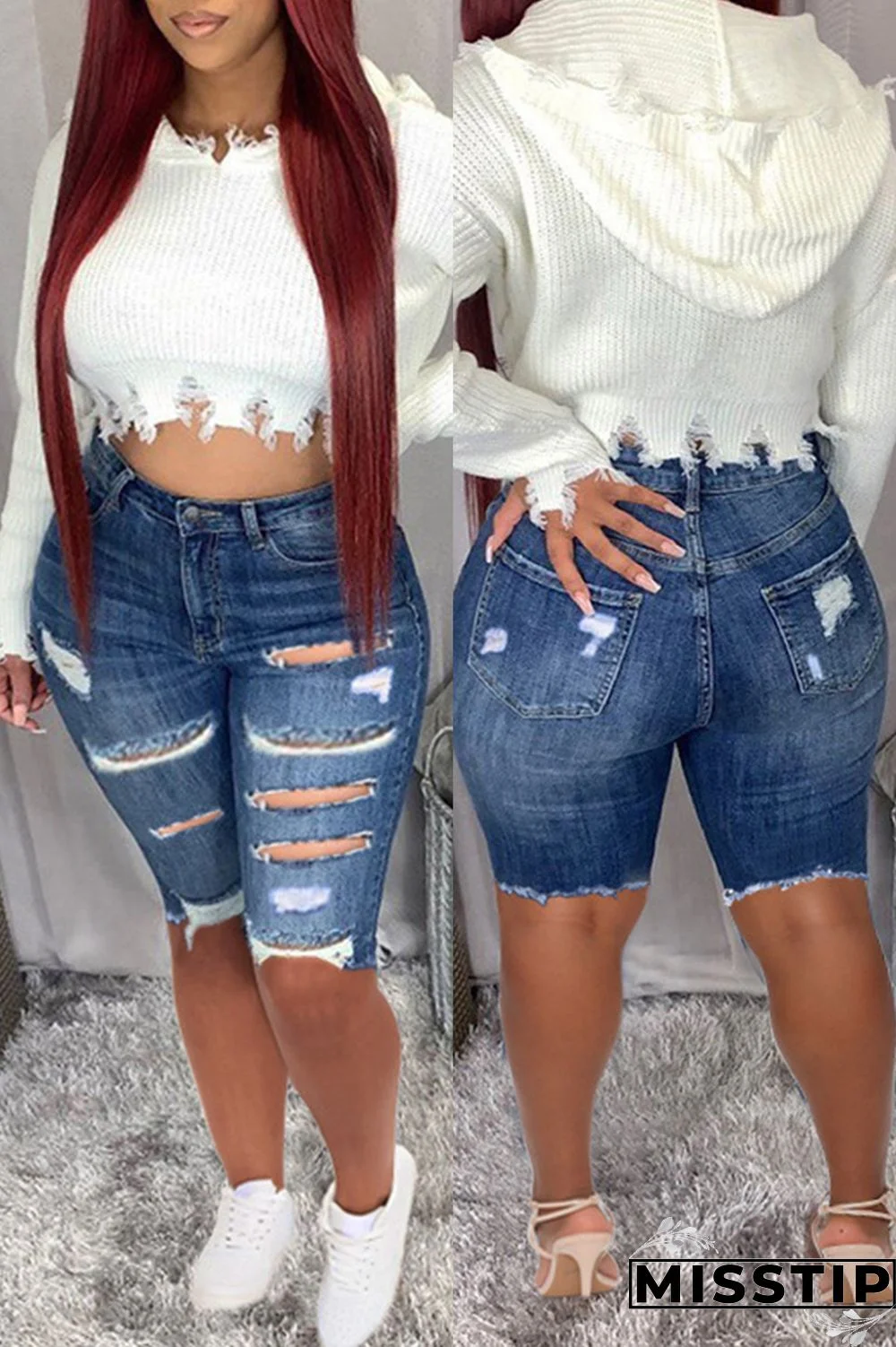 Dark Blue Fashion Casual Solid Ripped High Waist Regular Jeans