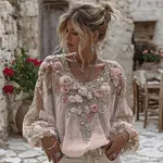 Women's Vintage Pink Rose Embroidery Art Round Neck Linen Blend T-shirt - Image 3