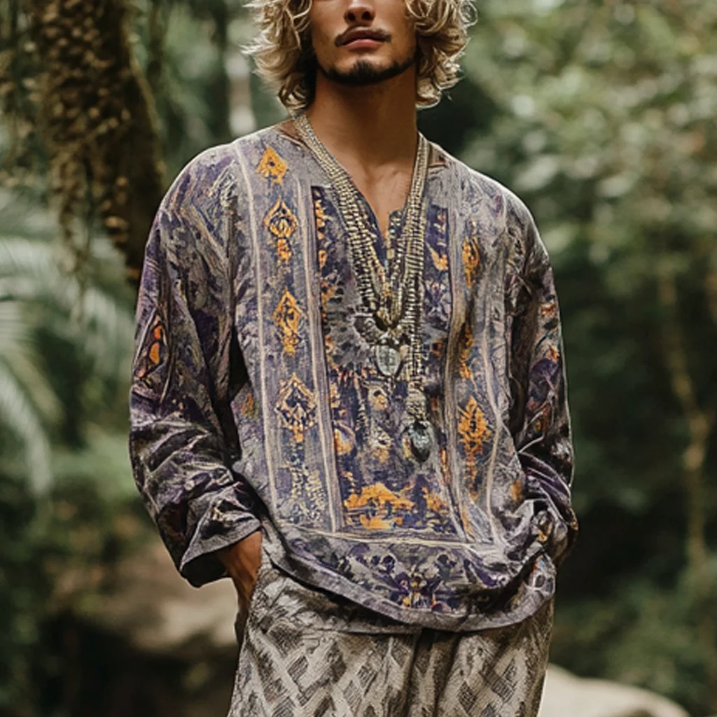 Men's Bohemian Holiday Style Vintage Ethnic Totem Printed Cotton And Linen Casual Tops-inspireuse
