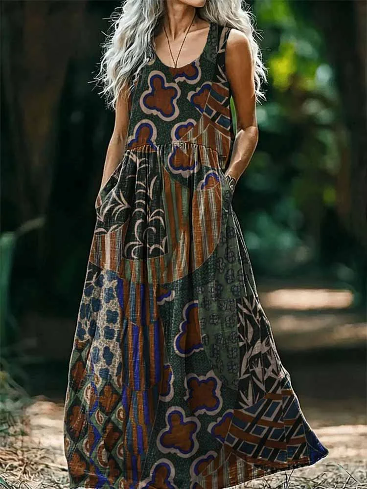 Women's Boho Ethnic Art Print Sleeveless Pocket Cotton Maxi Dress