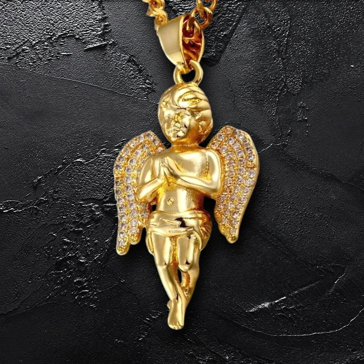 Iced Out Wings Angel Pendant Necklace-VESSFUL