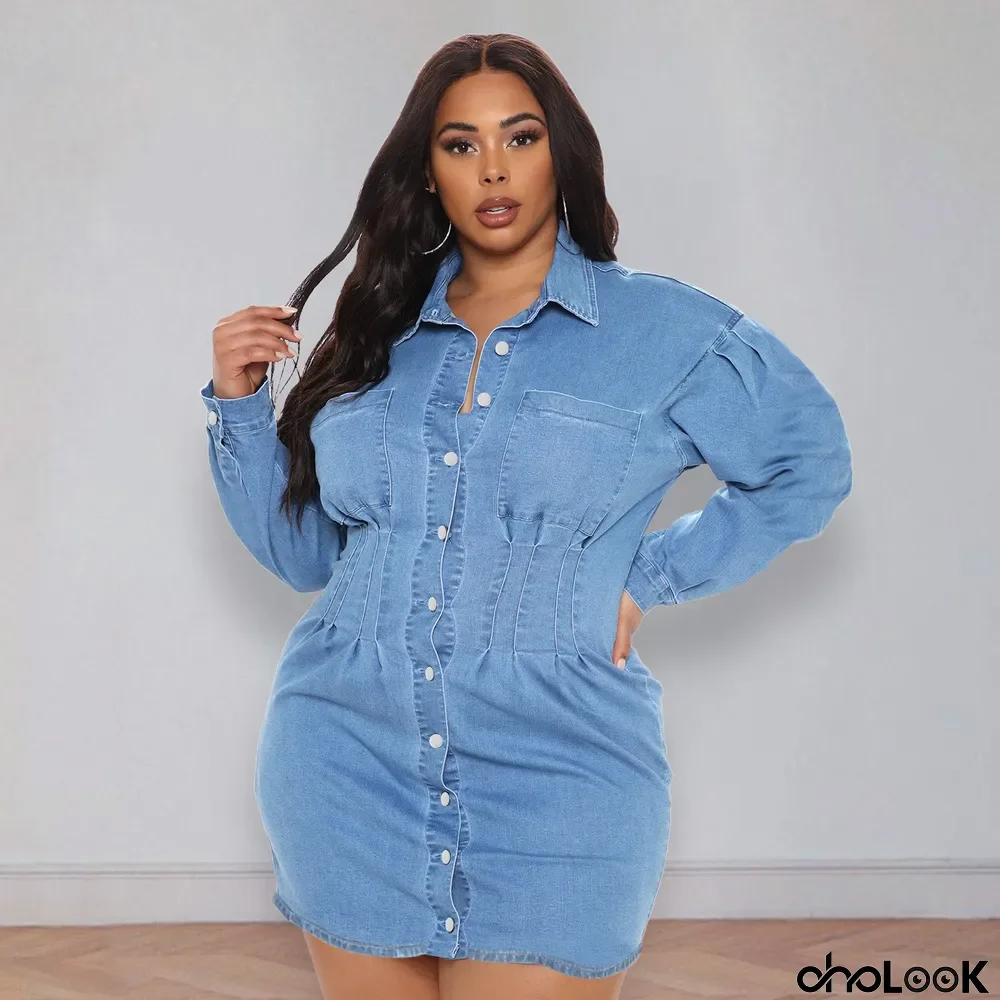 Plus Size Tight Fitting Denim Women'S Short Long Sleeve Shirt Dress