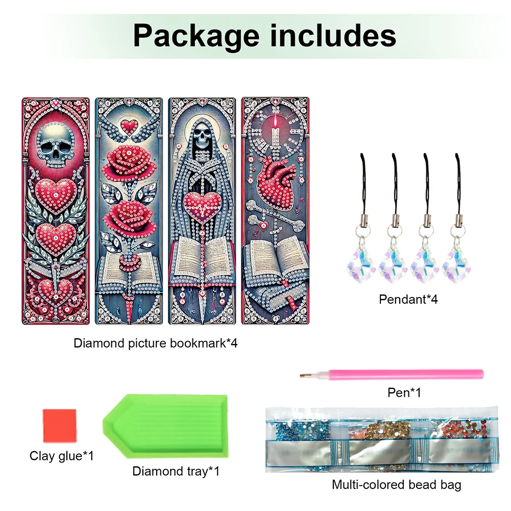 4Pcs Skull Rose Themed DIY Diamond Painting Bookmark for Reading Enthusiasts