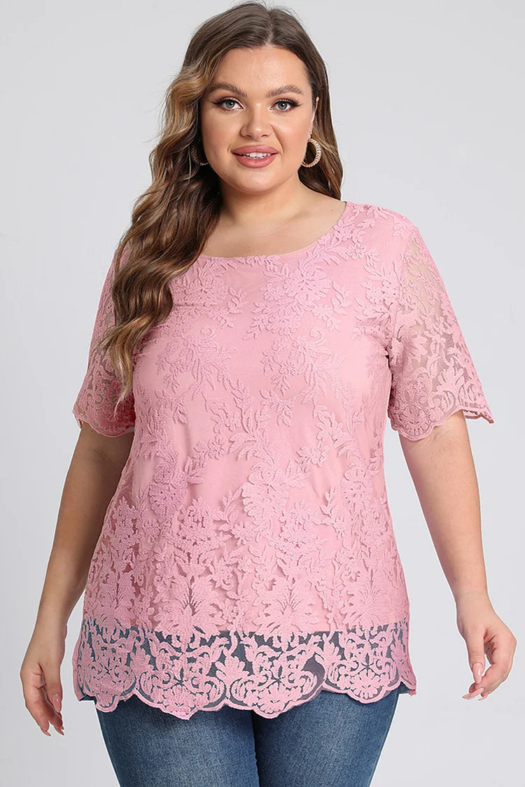 Plus Size Mesh Embroidered Short Sleeve Blouses FlyCurvy Flycurvy [product_label]