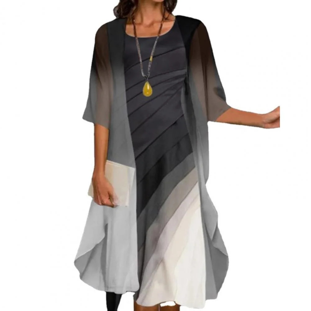 Large Hem Chiffon Women's Dresses Lady Cape Set Elegant 3/4 Sleeve Pleated Gradient Shawl Coat Dress Set платье женское летнее