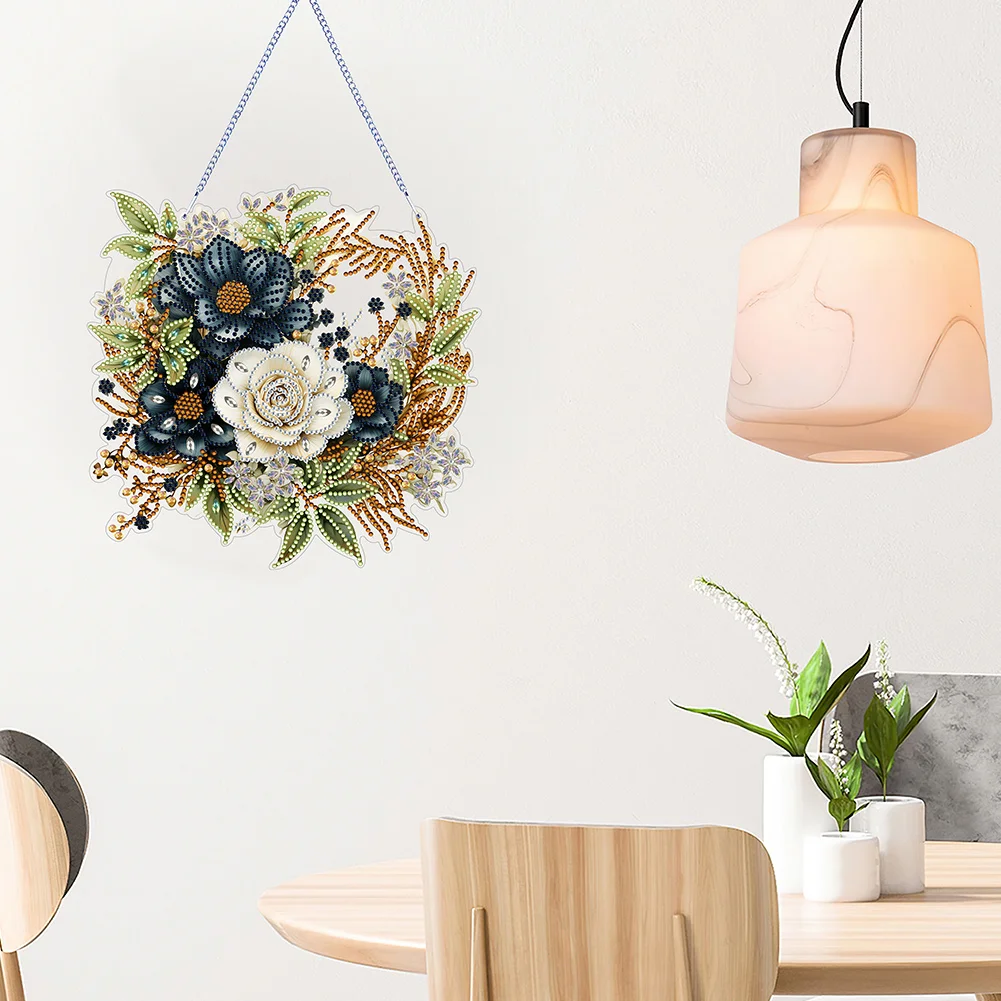 DIY Flower Acrylic Special Shaped+Round Diamond Painting Wreath Ornament for Xmas Wall Decor