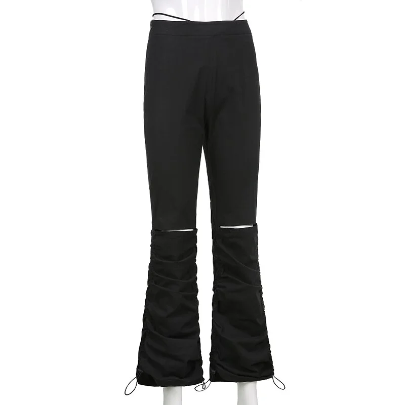 Jangj Gothic Alt Flare Pants Women Drawstring Hole Slim Trousers Cyber Y2k Hippie Jogger E Girl Cute Black Sweatpants Emo Clothes