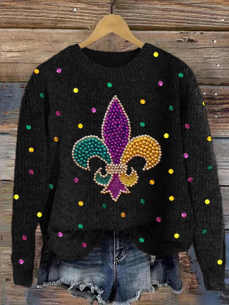 Comstylish Mardi Gras Fleur de lis Glitter Beaded Cozy Sweater