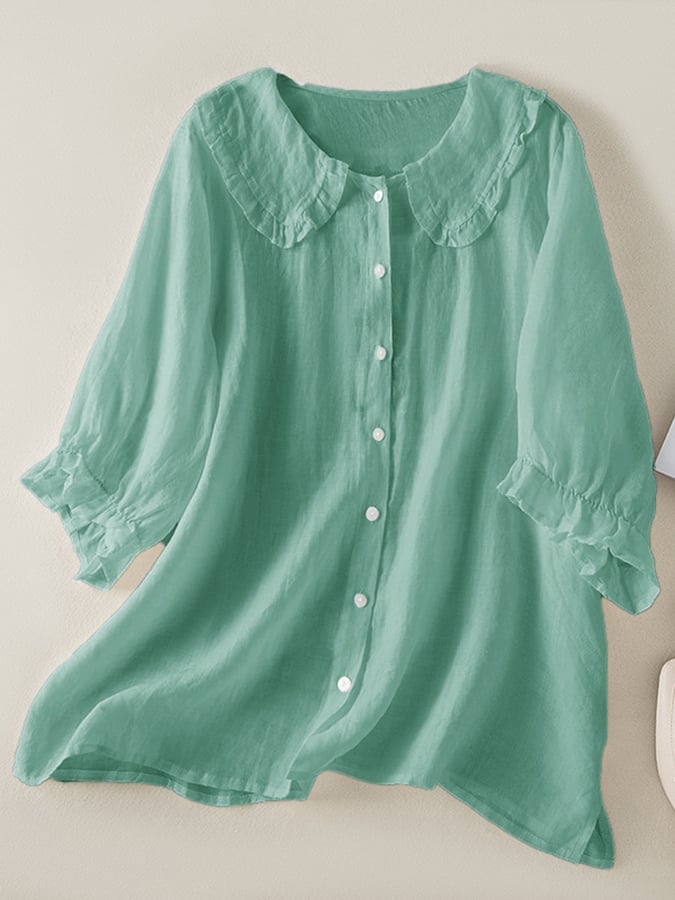 Cotton Linen Loose Peter Pan Ruffles Neck Shirt