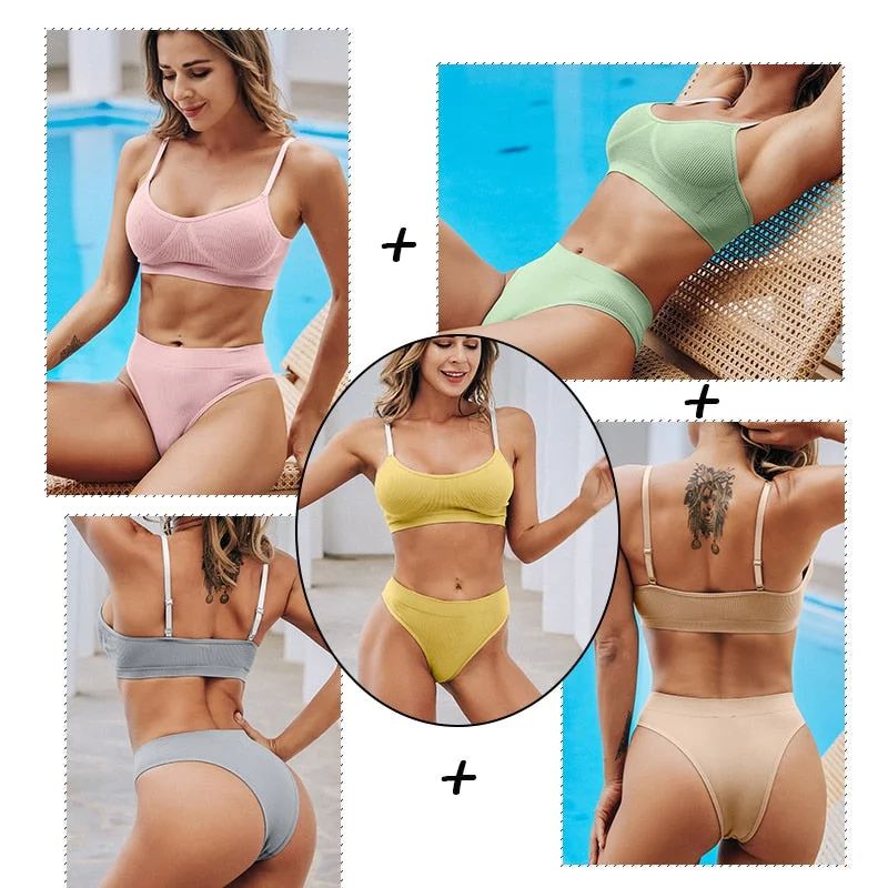 New Women Bra Panties Set Sexy Push Up Bralette Female Fitness Seamless Underwear Sports Lingerie Brassiere Girls Tank Crop Top