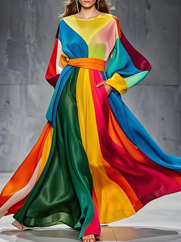 Image of A-Line Long Sleeves Colorful Contrast Color Pockets Tied Waist Round-Neck Maxi Dresses