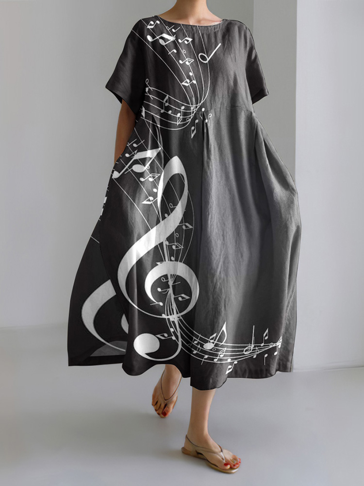 Comstylish Musical Note Print Short Sleeve Casual Midi Dress