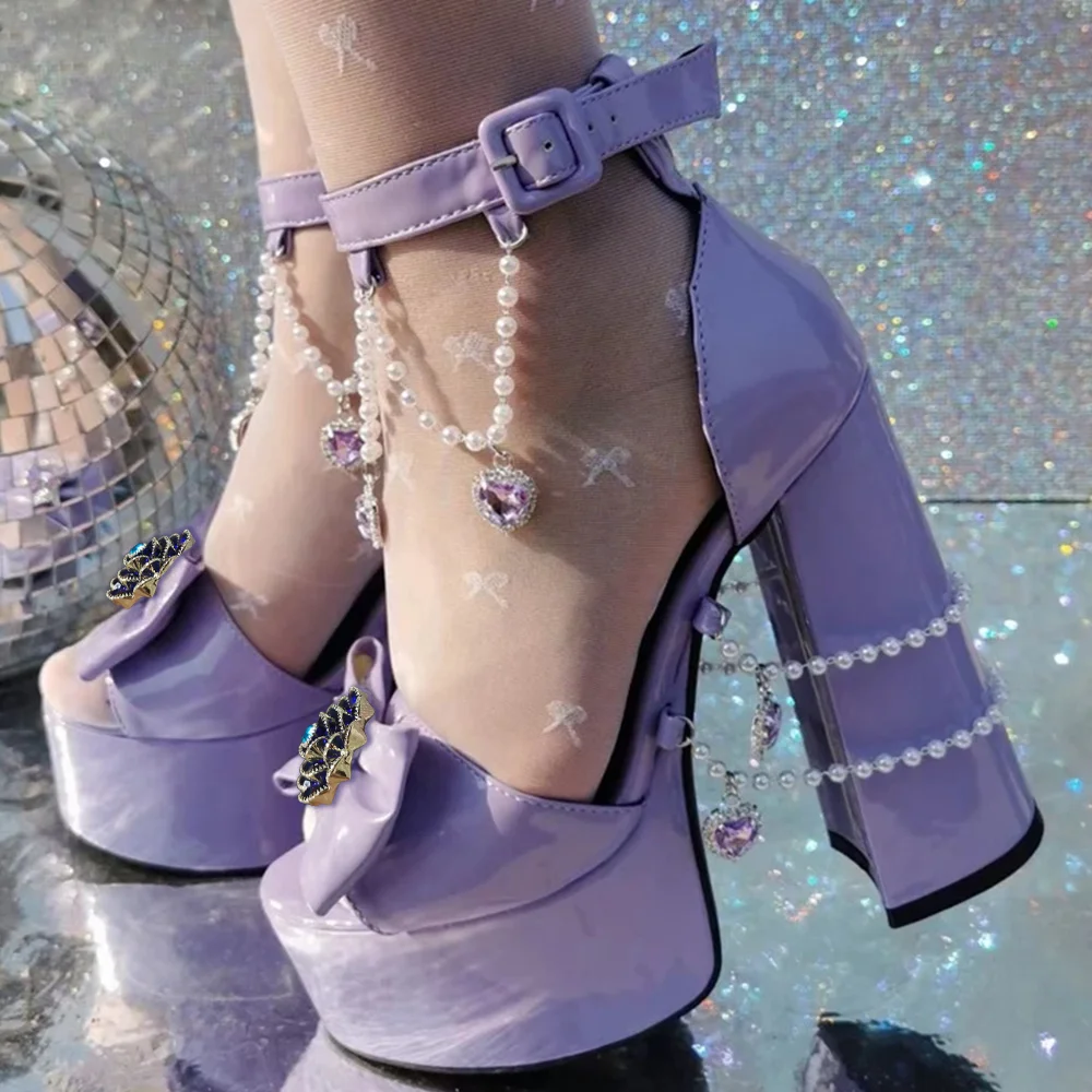 Lolita Pearl Chain Sandals Bow High Heel Platform Square Sandals Purple Nicepairs