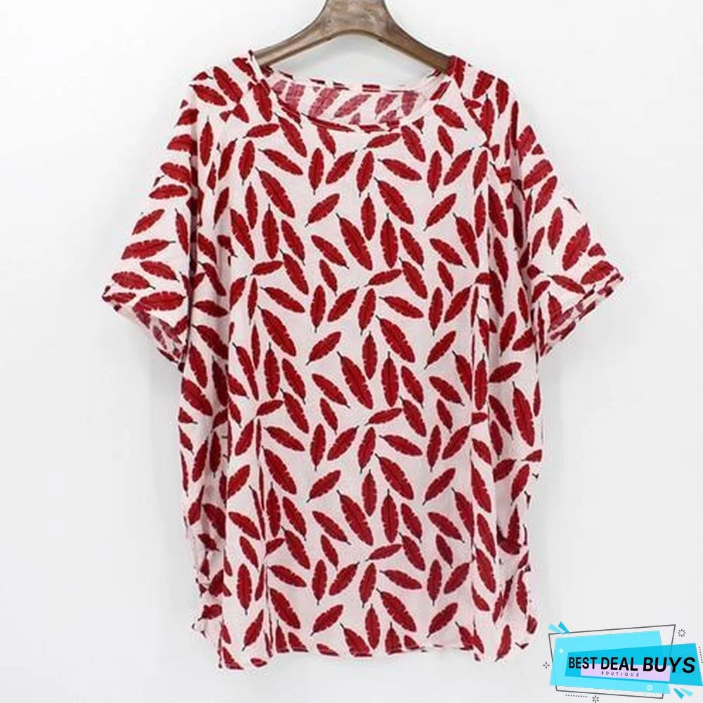 Plus Size Women Batwing Casual Tops Tees Floral Print Cotton Linen Blouses